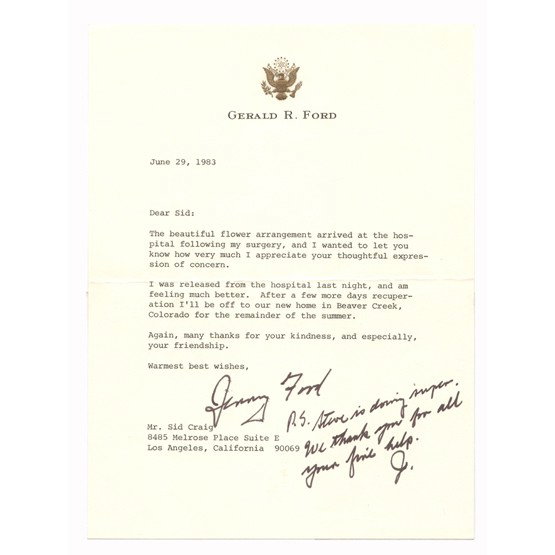 GERALD R. FORD: Nice TLS "Jerry Ford," 1p, 6¼"x8½", Rancho Mirage, Jun 29, 1983. With original mailing envelope. On his gilt embossed personal letterhead to his friend Sid Craig in Los Angeles expressing his apprec