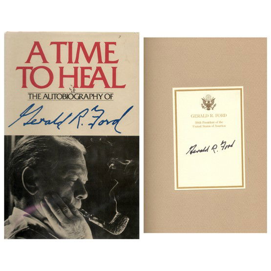 GERALD R. FORD: His book, A Time To Heal, 454pp, 6½"x9½", Harper & Row, New York, 1979. Third Printing. Boldly signed in full on Presidential bookplate tipped to first free endpaper. Book in Fine condition. Dust ja
