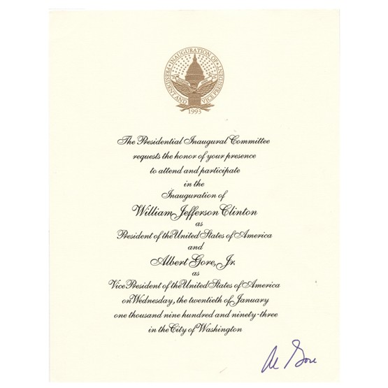 AL GORE JR.: (b.1948). Forty-fifth Vice-President of the United States (1992-2001) under Bill Clinton and unsuccessful Presidential nominee; environmental activist. Gilt embossed Invitation to the Clinton-Gore ina
