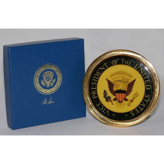 [AL GORE JR.]: Circular paperweight, 3" in diameter, with colorful Vice-Presidential seal within gilt rim. Engraved on reverses: "With appreciation for your thoughtful comments and continued support...20 January 199
