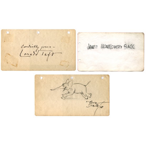 [ARTISTS]: Collection of three artists and illustrators. Among them: individually signed album leaves, approx 6¼"x3½" each, by James Montgomery Flagg in bold pencil; and Lorado Taft in ink, with marginal tape 