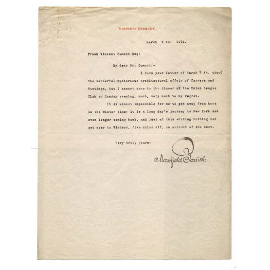 MAXFIELD PARRISH: (1870-1966). American painter and illustrator of Washington Irving's Knickerbocker's History of New York. His vivid Old King Cole murals in the St. Regis Hotel in NYC are his best-known works. TLS, 1p