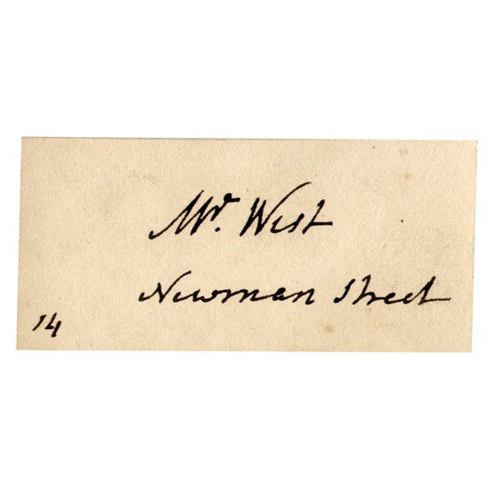 BENJAMIN WEST: (1738-1820). American-born Neoclassic painter who served as president of the Royal Academy in London from 1792, succeeding Sir Joshua Reynolds in that position. His personal visiting card 3"x1½". Bol