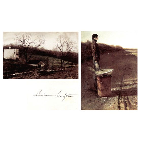 ANDREW WYETH: (1917-2009). American realist painter of barren rural scenes, favoring the land inhabitants around his hometown of Chadds Ford, PA and near his summer home in Cushing, ME. Major works include Tenant F