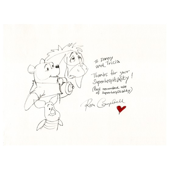 RON CAMPBELL: Charming original drawing on art paper of Winnie the Pooh characters: Pooh, Eeyore and Piglet, executed in black ink, 12"x9". Darkly inscribed beside image "To Danny and Tricia Thanks for your Superho