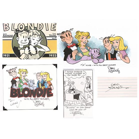DEAN & CHIC YOUNG: Creators and writers for the popular comic strip, "Blondie." Collection of several Blondie items. Fan book, color, 9¼"x6½", 20pp, inscribed by Dean on front page fan card. Plus an index card, 5"x3",