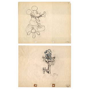 MICKEY MOUSE: Two early Disney Studios original animation drawings featuring their first star. Both are executed in various color pencil on standard 9½"x12" sheets. The earliest is a rare drawing from the 1930 sho