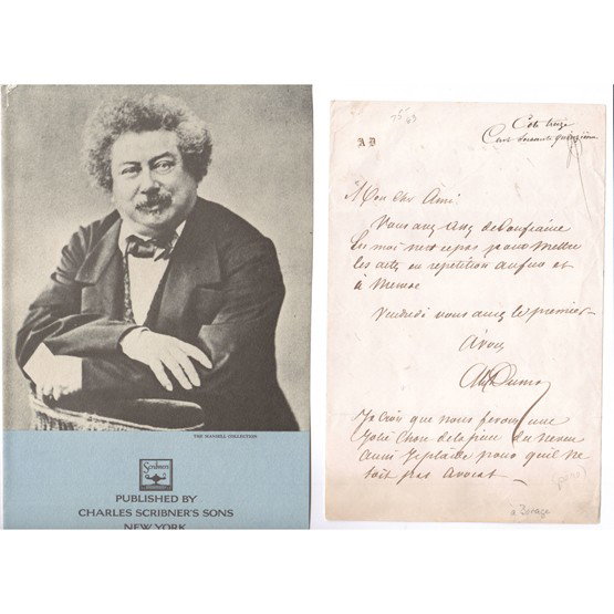 ALEXANDRE DUMAS, PÈRE: (1802-1870). French novelist and playwright of the romantic period best remembered for his historical novels The Three Musketeers and The Count of Monte-Cristo (1844). ALS in French, 1p, 5"x7½", [n.d