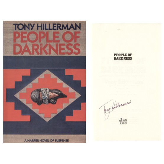 TONY HILLERMAN: (1925-2008). Acclaimed Navajo Tribal Police mystery novelist. His book, People of Darkness, 202pp, 5¾"x8½", Harper & Row, New York, 1980. First Edition. First Printing. Boldly signed on half-title p