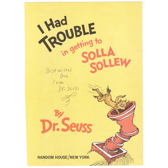 DR. SEUSS: (1904-1991). Pen name of Pulitzer Prize winning children's author and illustrator Theodore Seuss Geisel, who also received an Academy Award for his cartoon creation Gerald McBoing Boing. Title Page fr