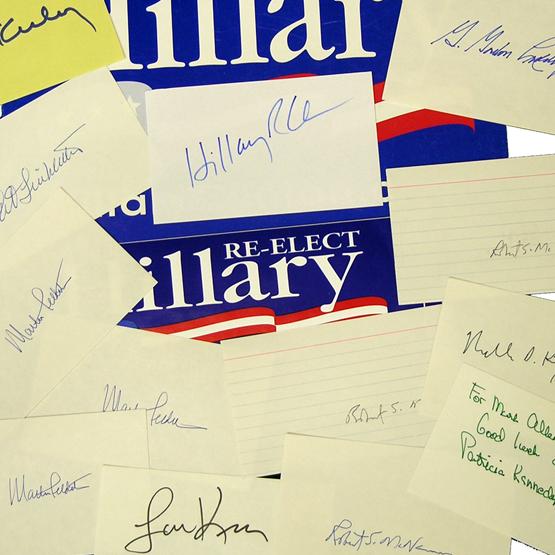 [CELEBRITIES ASSORTMENT]: A collection of 13 autographs by nine political, television, and other notables. Index cards, 5"x3", individually signed in felt tip by: JFK's daughter CAROLINE KENNEDY; and his sister PATRICIA KENNED