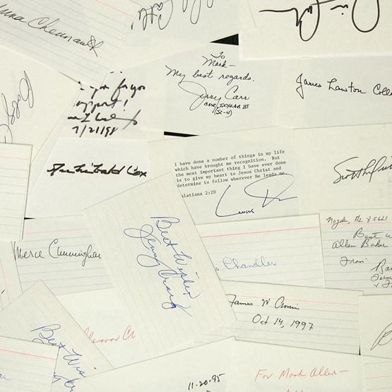 [CELEBRITIES COLLECTION]: Nice assortment of 53 autographs by 23 notables in various fields. Present are 5"x3" in-person signed cards by avant-guarde dancer and choreographer MERCE CUNNINGHAM (1919-2009); attorney JOHNNIE COCH