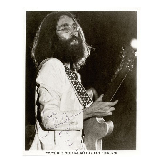 JOHN LENNON: (1940-1980). Member of legendary British rock group The Beatles (1960-70). The songwriter, singer and instrumentalist was tragically murdered in New York. SP, b/w, 8"x10" half-length Beatles Fan Club 