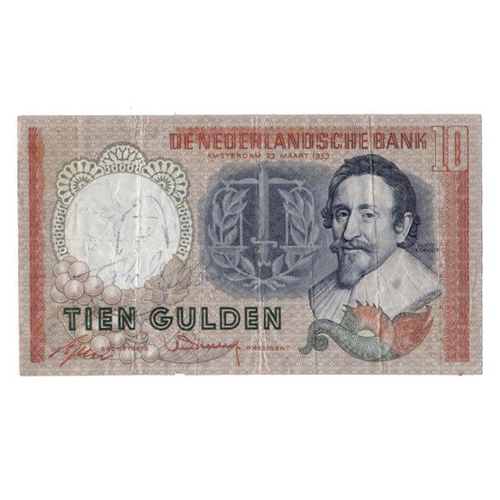 JOHN LENNON & YOKO ONO: Member of legendary British rock group and his wife. Ten Guilder Dutch note with original drawing of the two in blue ink within white watermark area. Each has signed beneath, partially across darker a