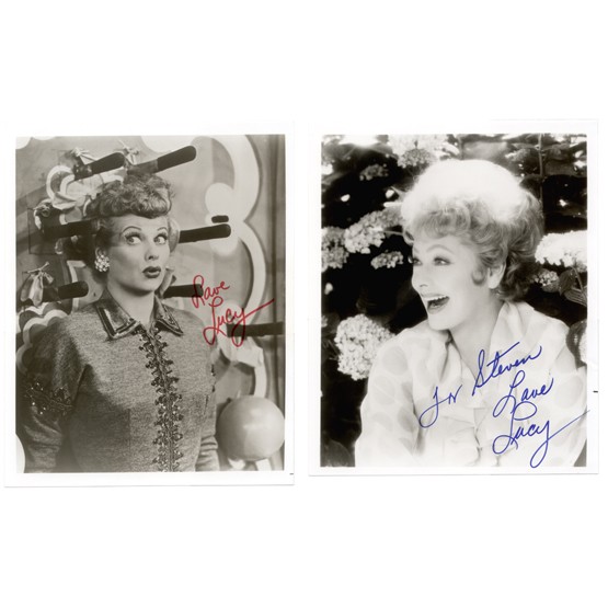 LUCILLE BALL: ISP & SP, b/w, 8"x10" portrait and film still. Each is boldly signed "Love Lucy" in blue or red felt tip. Fine.