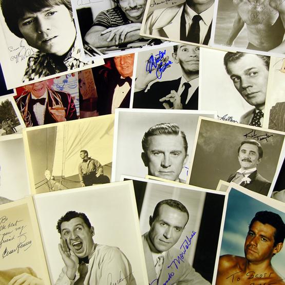 [CELEBRITY COLLECTION]: A nice collection of 32 autographs by 27 male celebrities. SPs and ISPs, mostly b/w, 5"x7"-8"x10" portraits and television film stills. Notables include: Douglas Fairbanks Jr. (2 different); Kirk Doug