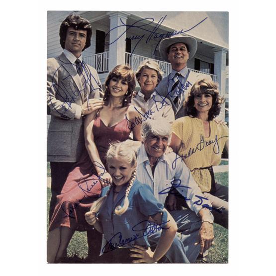[DALLAS]: Popular television series (1978-91) about the soapy, back stabbing machinations of Dallas oil magnate J.R. Ewing and his family. Rare printed SP color, 5"x7" portrait of the eight original stars: Larr