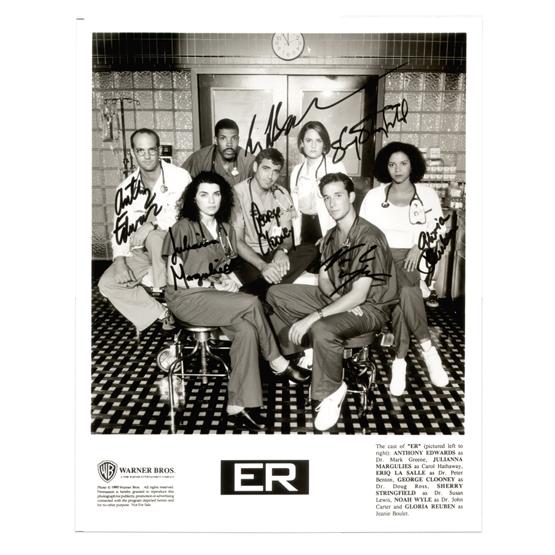 [ER]: Long-running multiple Emmy winning medical drama television series (1994-2009). Early Warner Bros. promotional SP, b/w, overall 8"x10" cast portrait. Darkly signed in black felt tip by stars George Cl