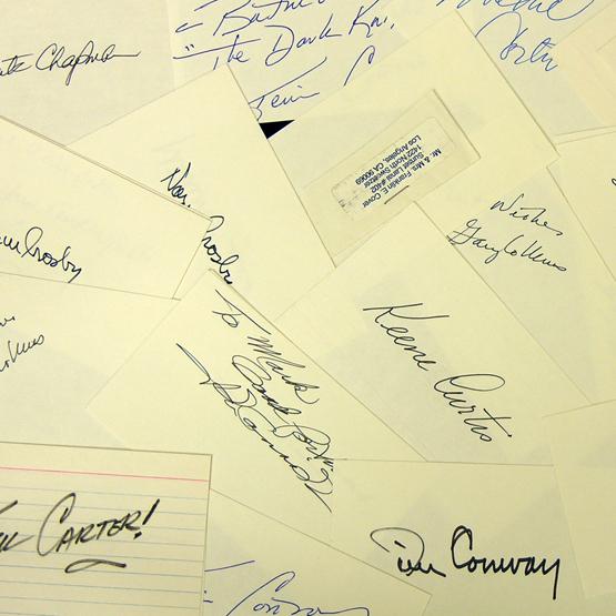 [FILM & STAGE COLLECTION]: Assortment of 25 in-person signed 5"x3" cards by character 13 actors, comedians and other entertainers. Among them: Marguerite Chapman (2); comedians Jack Carter (2); Tim Conway (2); and Norm Crosby (
