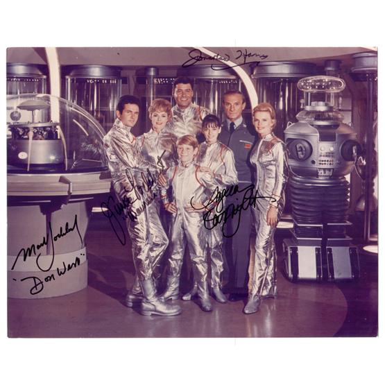 [LOST IN SPACE]: Popular science fiction television series (1965-68), an adaptation of Swiss Family Robinson. Two duplicate SPs, color, 11"x14' cast portraits. Each is boldly signed in felt tip by stars June Lockhart