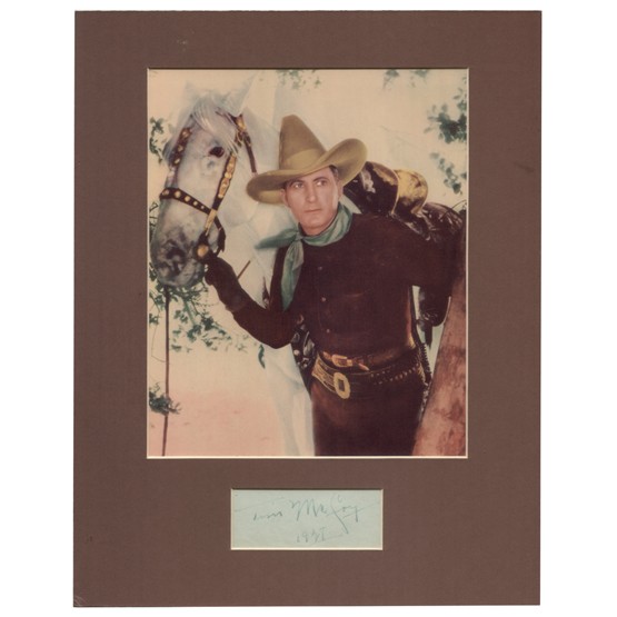 TIM MCCOY: (1891-1978). American cowboy film star since the '20s in The Thundering Herd (1924) Square Shooter (1935) and many others during his 45-year career. Vintage signed album leaf, 3½"x1½", darkly penned