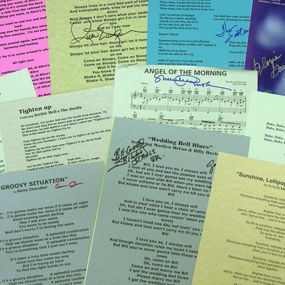 [MUSIC LYRICS COLLECTION]: Collection of 21 chart-topping song sheets signed by the artists that made them famous. Among them: "Looking For Love" sung by Johnny Lee; "Angel of the Morning" by Merrilee Rush; "If I Were a Rich Ma