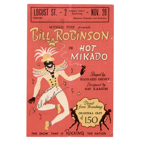 BILL ROBINSON: (1878-1949). American black tap dancer in nightclubs and musical stage noted for his stairway dance. Called "Bojangles," Robinson was featured with Shirley Temple in film. Colorful vintage illustrated