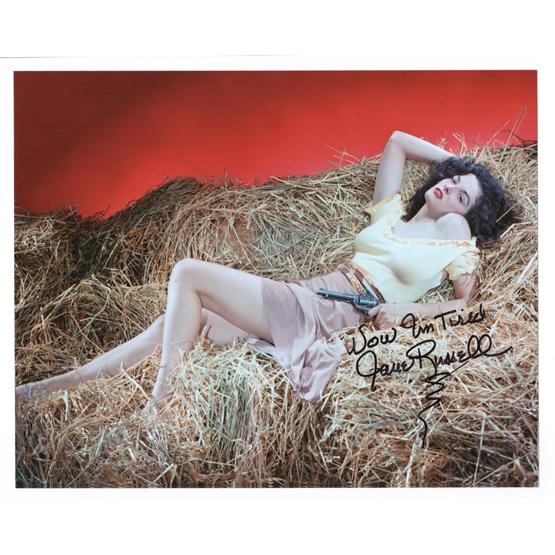 JANE RUSSELL: (b. 1921). Voluptuous American leading lady who came to Hollywood when an agent sent her photo to producer Howard Hughes. Starring her in The Outlaw (1943), his publicity campaign led to problems with