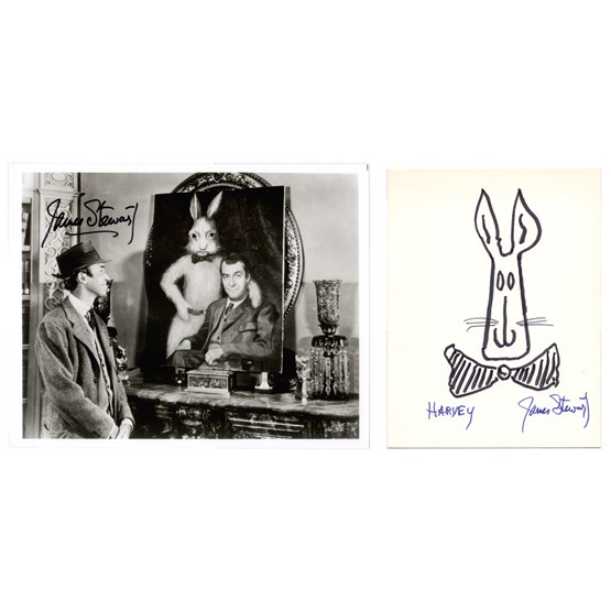 JAMES STEWART: (1908-1997). Academy Award winning leading actor portraying slow speaking, honest heroes for thirty-five years. SP, b/w, 8"x10" film still from Harvey boldly signed in felt tip; plus one 8¼"x10¾" or