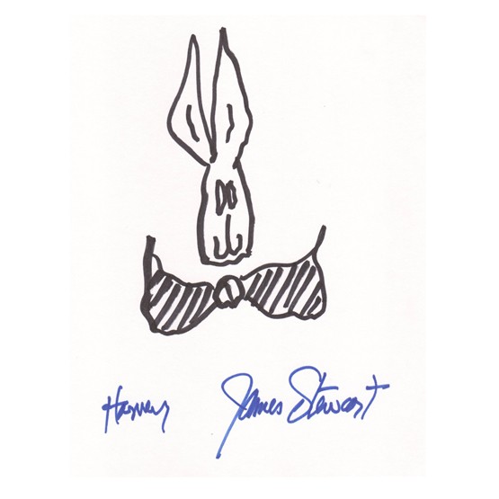 JAMES STEWART: Original drawing of his famed rabbit character "Harvey" from film of the same name in black felt tip on mat board, 6¾"x10½". Boldly signed in blue felt tip beside caption. Fine.