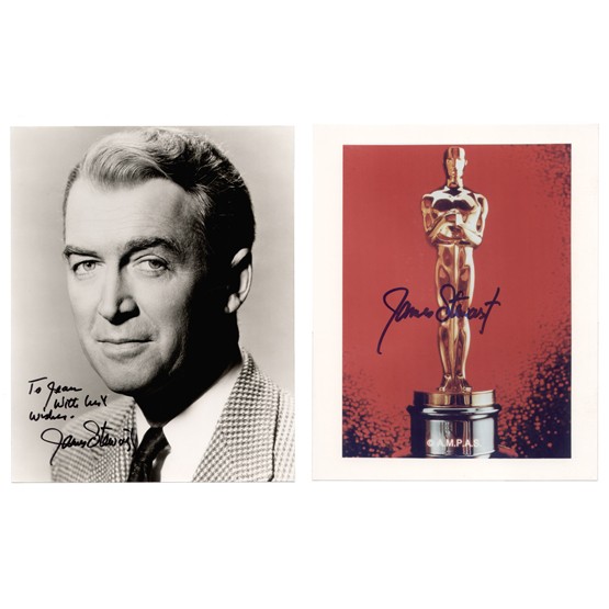 JAMES STEWART: Two SPs, b/w, 8"x10" images. Comprising a close-up inscribed "To Jean with best wishes..."; and image of the Oscar statuette, each boldly penned in blue felt tip. Fine.