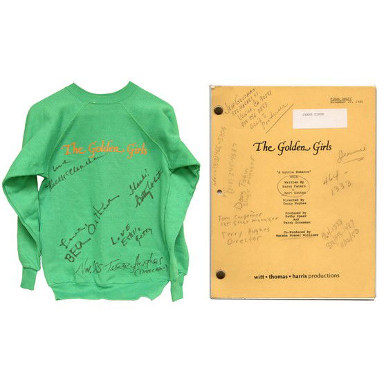 [THE GOLDEN GIRLS]: Emmy winning television comedy series (1985-92) starring Beatrice Arthur; Betty White; Rue McClanahan; and Estelle Getty. Green sweatshirt with orange logo darkly signed by the stars and director Terr