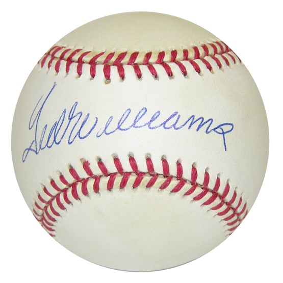 TED WILLIAMS: (1918-2002). Legendary Boston Red Sox outfielder and a manager for Washington Senators elected to Hall Of Fame in 1966. Signed Rawlings Official American League baseball. Boldly penned in blue ink acr