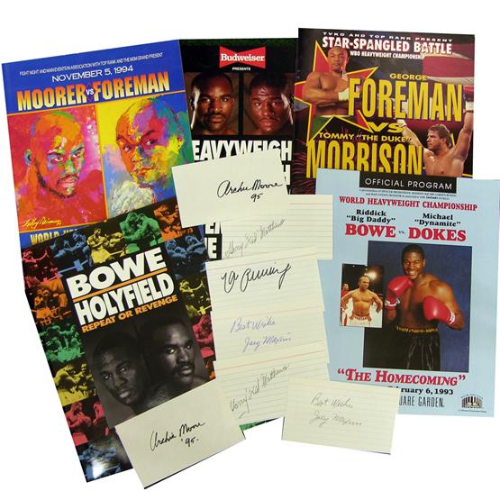 [BOXING COLLECTION]: Five historic official boxing programs plus seven autographs by four boxing champions and notable contenders. A selection of boldly signed index cards by MAX SCHMELING, JOEY MAXIM (2), ARCHIE MOORE (2
