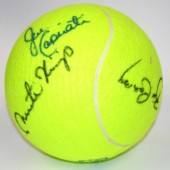 [TENNIS STARS]: Six players have a signed yellow oversized Monster tennis ball. Penned in felt tip in person by champions ANNA KOURNIKOVA; MONICA SELES; JENNIFER CAPRIATI; MARTINA HINGIS; CHRIS EVERT; PETE SAMPRAS; p