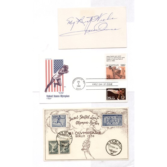 JESSE OWENS: (1913-1980). American track star. He won four gold medals at the 1936 Olympics, upsetting Adolf Hitler's plans to use the games as evidence of Aryan superiority. Signed unlined 5"x3" card beneath sent