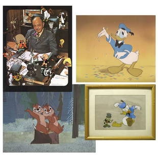 DISNEY ANIMATION ART: A great collection of colorful Disney cels featuring popular cartoon characters Donald Duck, Chip and Dale and Jiminy Cricket. One cel featuring Chip and Dale on studio prepared photo background. Imag