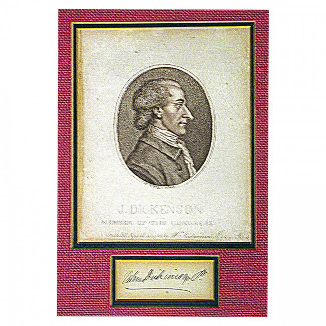 JOHN DICKINSON: (1732-1808). Wealthy attorney and politician; member of Continental Congress from Pennsylvania and Delaware, later serving as President of the two states; served briefly in the PA Militia with rank of