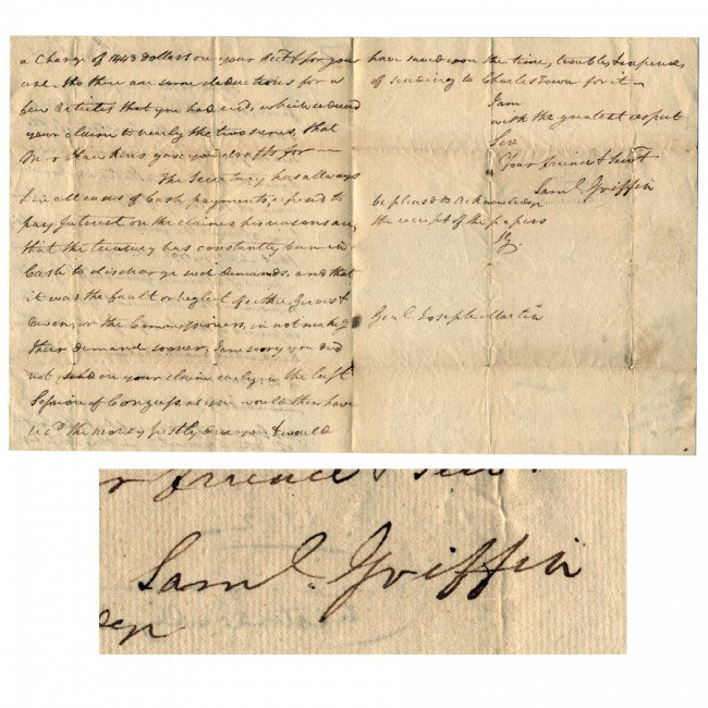 SAMUEL GRIFFIN: (1746-1810). Revolutionary War colonel and aide to General Charles Lee, he was wounded in the battle of Harlem Heights (1776). Later he led a militia which enabled General Washington to cross the Dela