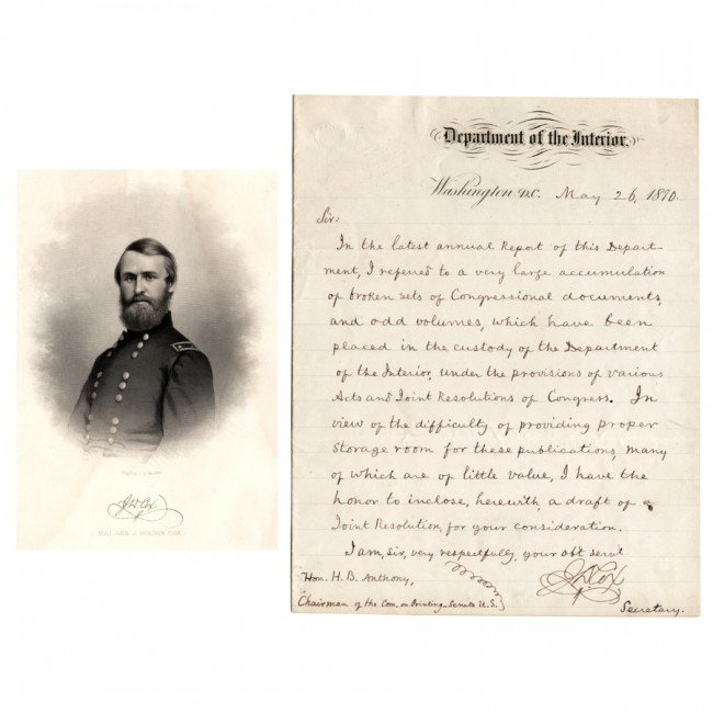 JACOB DOLSON COX: (1828-1900). Union major general distinguishing himself at South Mountain and led Reno's corps at Antietam; postwar secretary of the interior. ALS "J. W. Cox," 4pp w/ integral leaf, 7¾"x9¾", Washing