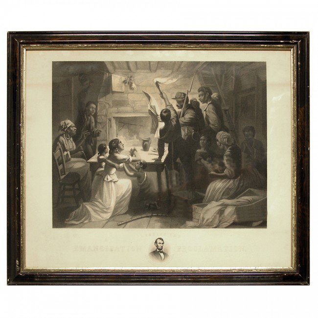 [EMANCIPATION LITHOGRAPH]: Poignant vintage print captioned “Reading the Emancipation Proclamation” depicting a group of slaves gathered round a soldier as he reads the historic document by the light of a torch. Engraved li