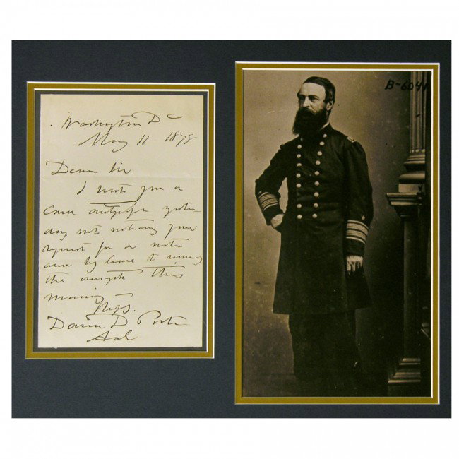 DAVID DIXON PORTER: ANS, 1p, matted to 4½"x7" opening, Washington, D.C. May 11, 1878. Boldly penned in black ink, in full, "I sent you a card autograph yesterday not noticing your request for a note... and remedy the ov