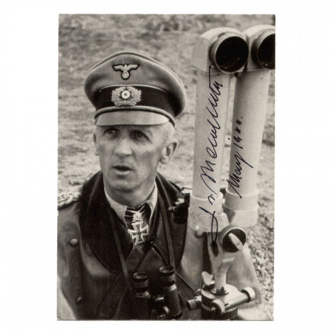 HASSO VON MANTEUFFEL: Printed wartime SP, b/w, 4"x5¾" quarter-length candid photo atop a tank. Boldly signed in black felt tip, adding "May 1944." Light wear; else Very Fine.
