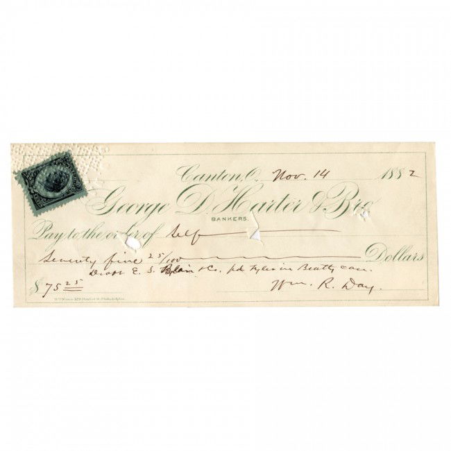 WILLIAM R. DAY: (1849-1923). American jurist who served as an associate justice of the U.S. Supreme Court (1903-22). Partly printed DS "Wm. R. Day", a bank check drawn on George D. Harter & Bro. Bankers, Canton, OH,