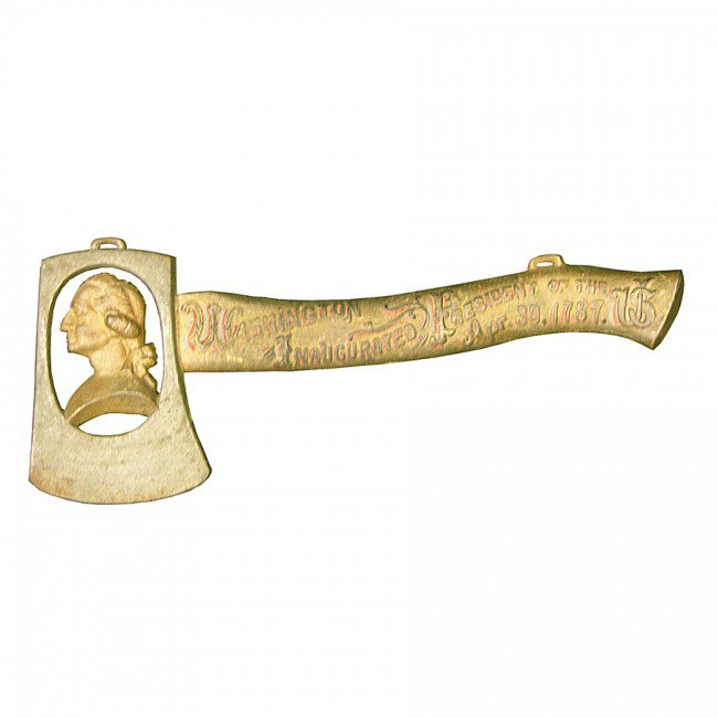 [GEORGE WASHINGTON]: Collection of five 12½"x5" cast iron hatchets, ca. 1889, each with two loops at top for hanging. Four feature profile of Washington inset within hatchet heads with raised lettering on handles "Washin