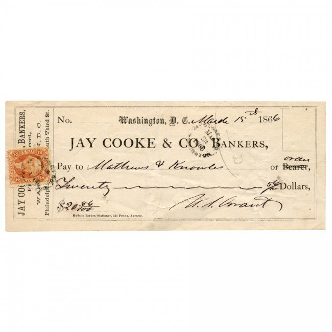 ULYSSES S. GRANT: Partly printed DS "U. S. Grant", a bank check drawn on Jay Cooke & Co. Bankers, Washington, Mar 15, 1866. Made payable to "Mathews & Knowles" or "order" for $20.56. Boldly penned and signed in black i