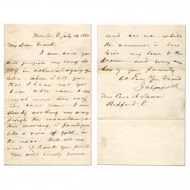 JAMES A. GARFIELD: ALS "J A Garfield," 2pp on separate leaves, Mentor, OH, Jul 19, 1880. In full, " I am sure you will forgive my long delay in acknowledging your letter - when I tell you that I have not yet been able e