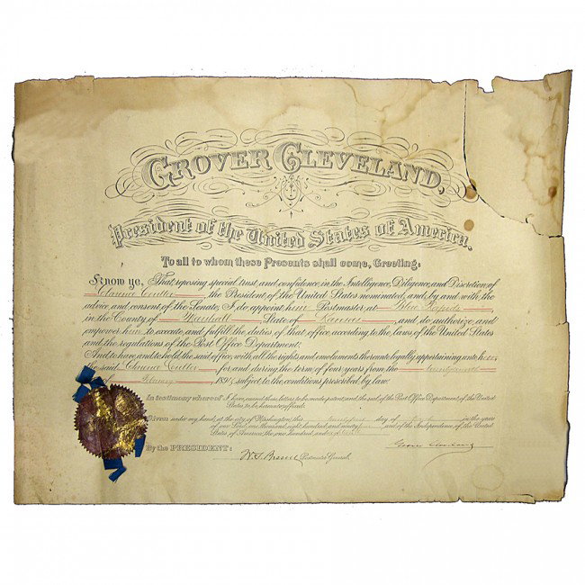 GROVER CLEVELAND: Partly printed DS, 1p, 19½"x14¾", Washington, DC, Mar 25, 1894. Post Office Department seal mostly intact with remnant of green ribbon. Appointment of Clarence Coulter as postmaster in Blue Rapids, 