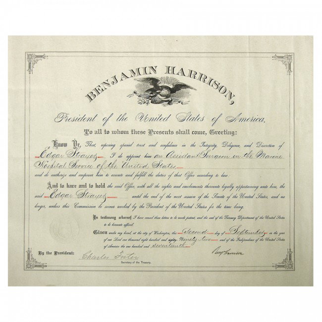 BENJAMIN HARRISON: Partly printed DS as President, 1p, 21"x16", Washington DC, Sep 2, 1892. Intact Treasury Department embossed seal present. Appointment of Edgar Strayers as Assistant Surgeon in the Marine Hospital Ser