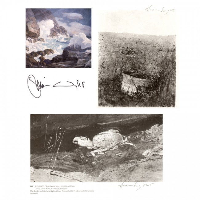 ANDREW & JAMIE WYETH: Museum note card, 7"x5", with color illustration of his grandfather's work, Maine Headland signed by Jamie on verso in black felt tip. Also two b/w prints removed from a book, one featuring his work F